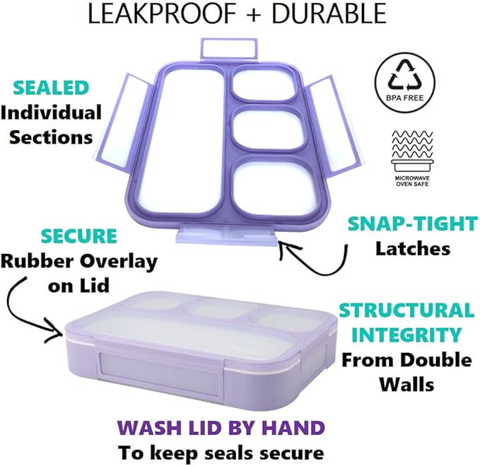 kinsho Lunch Boxes for Girls Teens Adults - Bento Box Set with Insulated Bag and Ice Pack, 4 Compartment Leak Proof Food Container, BPA-Free, Microwave Safe, Ideal for School & Work, Purple
