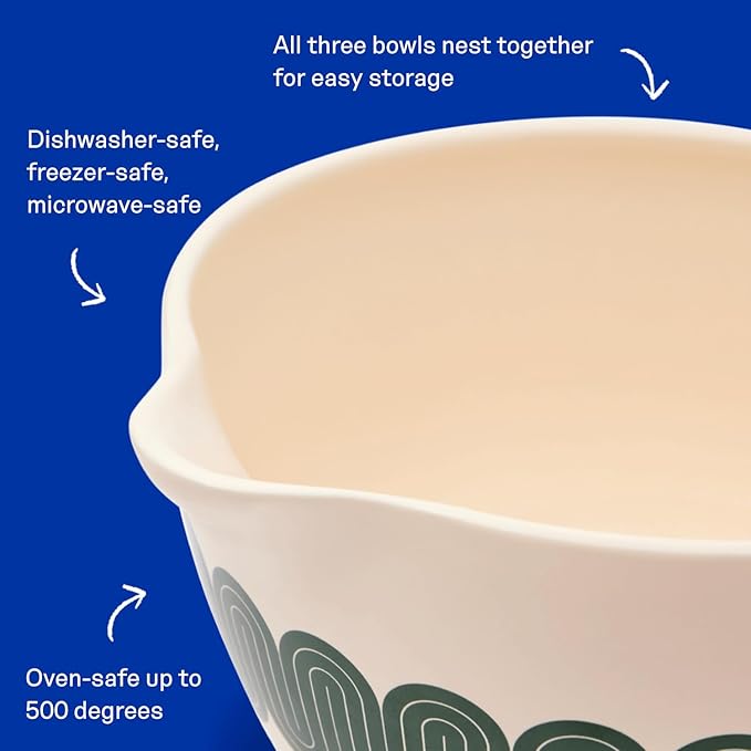 Great Jones Stir Crazy 3-Piece Stackable Ceramic Mixing Bowl Set (6.8", 9.1", 12") | Dishwasher, Freezer & Microwave Safe | Perfect for Baking, Serving & Mixing | Nestable for Easy Storage (Classic)