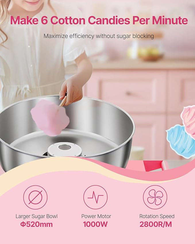 VEVOR Electric Cotton Candy Machine with Cart, 1000W Commercial Candy Floss Maker with 20.5 in Stainless Steel Bowl, Sugar Scoop, and Drawer, Easy to Use, for Home, Kids Birthday, Family Party, Pink