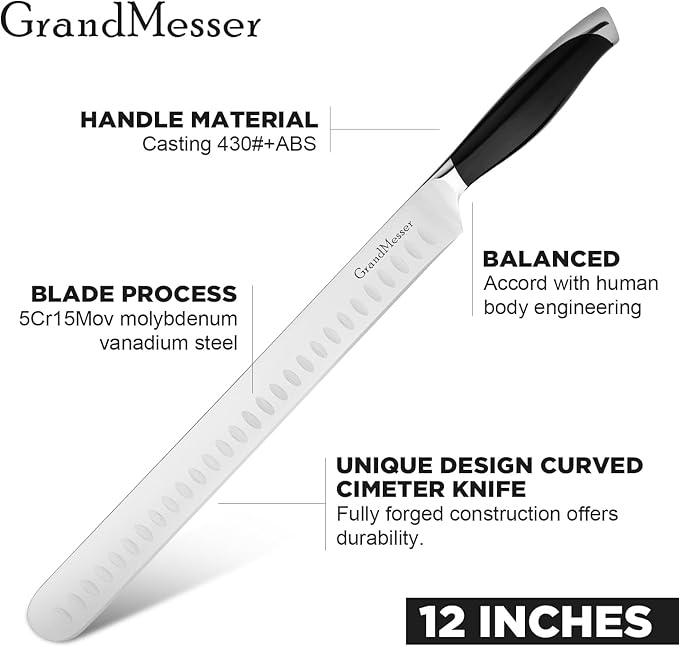 Slicing Carving Knife, 12" Brisket Knife, Ergonomic Handle Design, for Cutting BBQ Turkey Ham Rib Roast Beef with Sharpener.