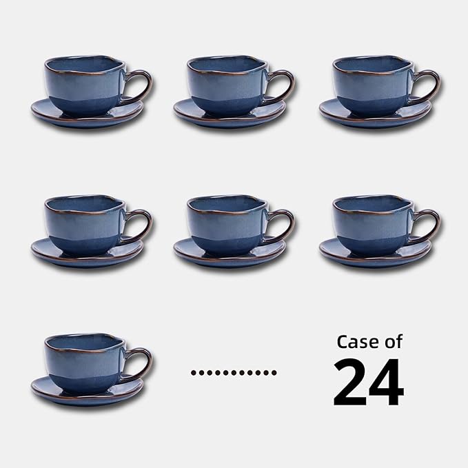 Organic Shape Restaurant 8OZ Coffee Cup and Saucer, Commerical Grade Catering Stoneware Cup and Saucer in Ir-regular Organic Shape, Chip & Scratch Resistant, Glossy Reactive Glaze Blue, Case of 24