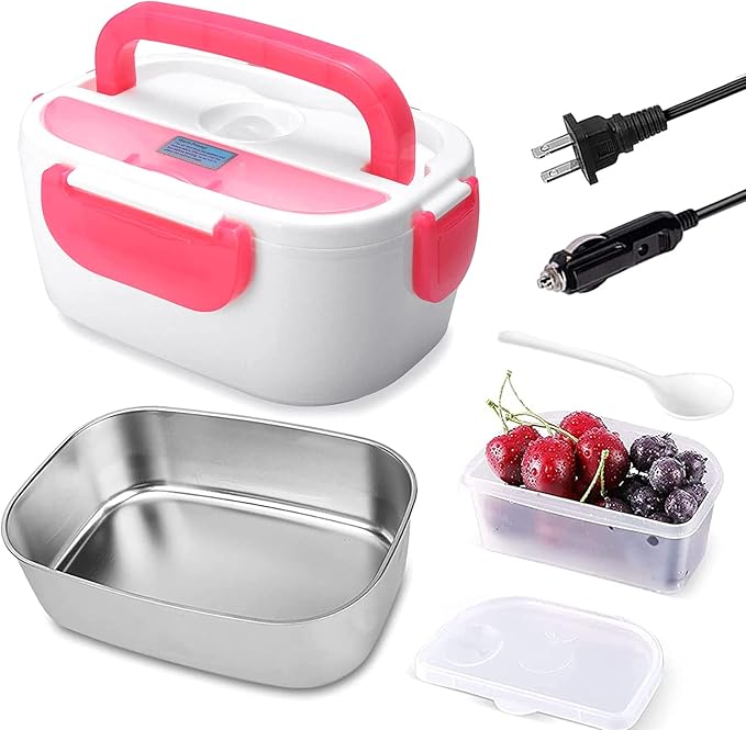 Electric Lunch Box 2 In 1 Food Heater 12V 24V 110V Portable Food Warmer for Car and Home Removable Stainless Steel Heated Bento Box (Pink)