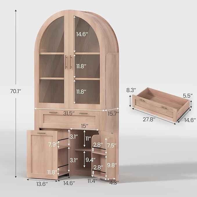 Itaar 71" Arched Kitchen Pantry Cabinet, Kitchen Storage Cabinets with 1 Large Drawer & Storage Cart 2 Tier & Door Shelves for Living Room, Dining Room, Natural Oak