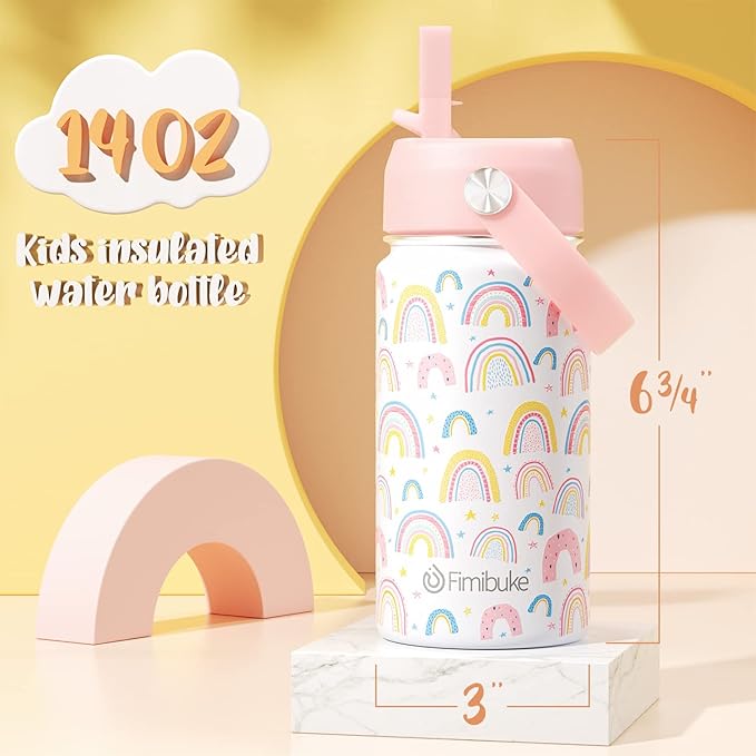 Fimibuke Kids Insulated Water Bottle - 14oz Water Bottle for School Boys Girls + Kids Bento Lunch Box with 4 Compartments, Insulated lunch Bag, Stainless Steel Thermos Food Jar, Ice Pack & Utensils