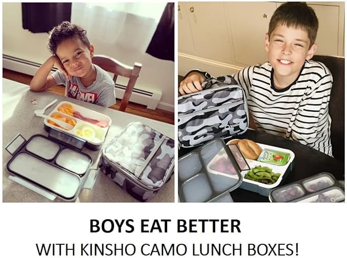kinsho Camo Lunch Boxes for Boys Teens Adults - Bento Box Set with Insulated Bag and Ice Pack, 3 Compartment Leak Proof Food Container, BPA-Free, Microwave Safe, Ideal for School & Work, Black Gray