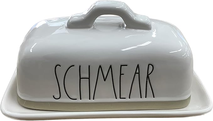Rae Dunn Ceramic Butter Dish with Lid, SCHMEAR, White and Beige, Two-Tone