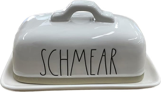 Rae Dunn Ceramic Butter Dish with Lid, SCHMEAR, White and Beige, Two-Tone