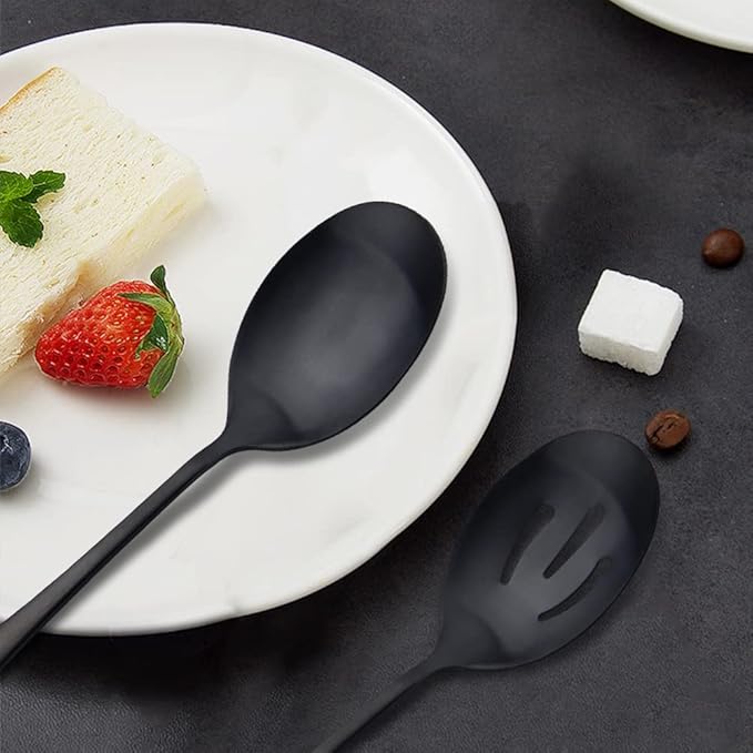 AOOSY Matte Black Serving Spoons Set,8.7-Inch Long Handle Slotted Spoons and Serving Spoons for Buffet, Banquet, Cooking, and Kitchen,2 Pieces