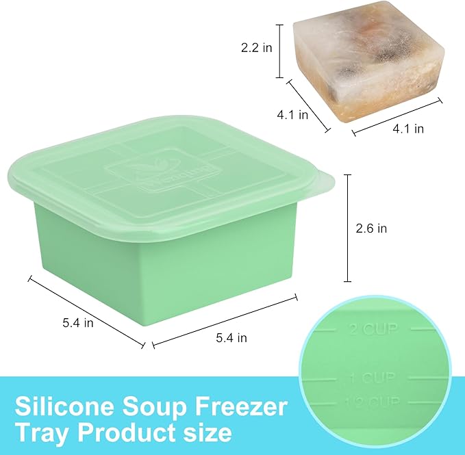 Silicone Freezer Tray with Lid 2 Pack Silicone Freezer Molds Ice Cube Tray Makes 2 Perfect 2 Cup Portions Soup Cubes Meal Prep Containers- Oven & Dishwasher Safe