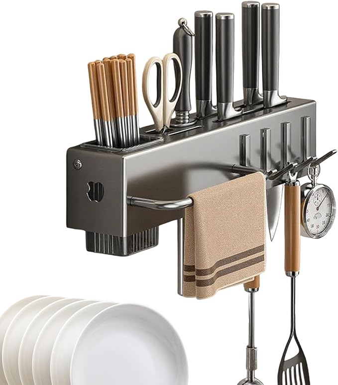 Utensil Holder – Kitchen Wall Organizer | No-Drilling Wall Mount Cutlery Storage Rack With Hooks, Towel Hanger For Spatula, Spoon, Mug & Kitchen Accessories Organization And Space Saving
