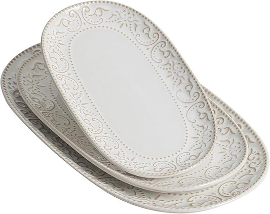 Serving Platters Set, 14"/12"/10" Oval Ceramic Serving Plates, Embossed Serving Trays for Party, Oven Dishwasher Safe, Vintage White Serving Dishes for Entertaining, Appetizers, Pasta, Sushi