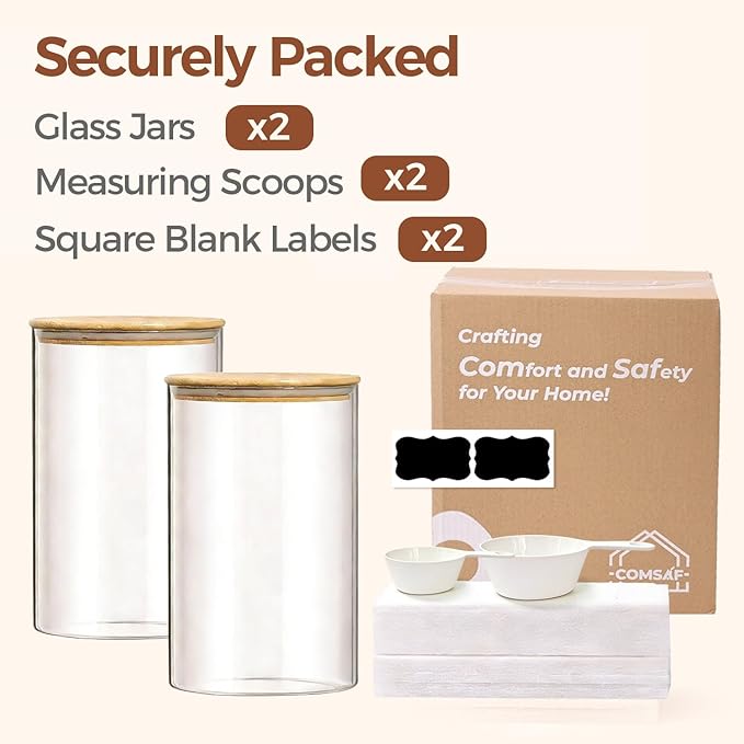 ComSaf 2Pcs Large Glass Storage Containers with Lids 4Qt, 1 Gallon Wide Mouth Flour Sugar Storage Containers, Large Capacity and Sealed for Rice, Cereal, Oat, Easy Clean and Scoop, Pantry Organization