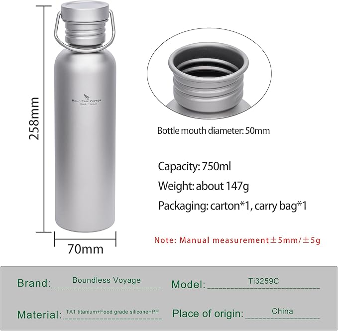 Boundless Voyage Titanium Water Bottle with Lid Wide Mouth Leak-Proof Reusable Sport Drinking Bottle for Camping Hiking Picnic Climbing Running Tea Coffee (750ml)