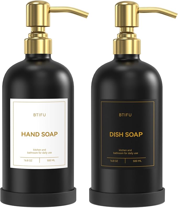 Kitchen Soap Dispenser Set – 16.8oz/500ml Glass Hand and Dish Soap Dispenser with Stainless Steel Pumps & Non-Slip Silicone Base, Luxury Countertop Decor for Home, Airbnb, Hotel (Black & Gold)