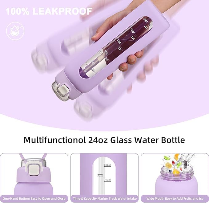 chunmo 24 oz Glass Water Bottles with 2 Lids-Handle Spout Lid & Straw Lid, Motivational Water Bottle with Time Marker and Silicone Sleeve,Leakproof-Purple-1 Pack