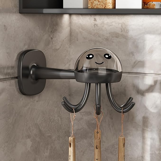 Cabilock Rotating Kitchen Utensil Holder with 6 Hooks Wall-Mounted Storage Rack, No-Drill Multi-Functional Utility Hook for Hanging Spoons, Spatulas, and Ladles, Matte Black Organizer