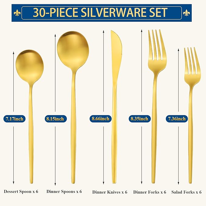 Gold Silverware Set, Stainless Steel Flatware Set for 6, 30-Pieces Cutlery Tableware set Include Spoons And Forks Set, Matte Gold Utensil Set, Stain Finish, Dishwasher Safe.