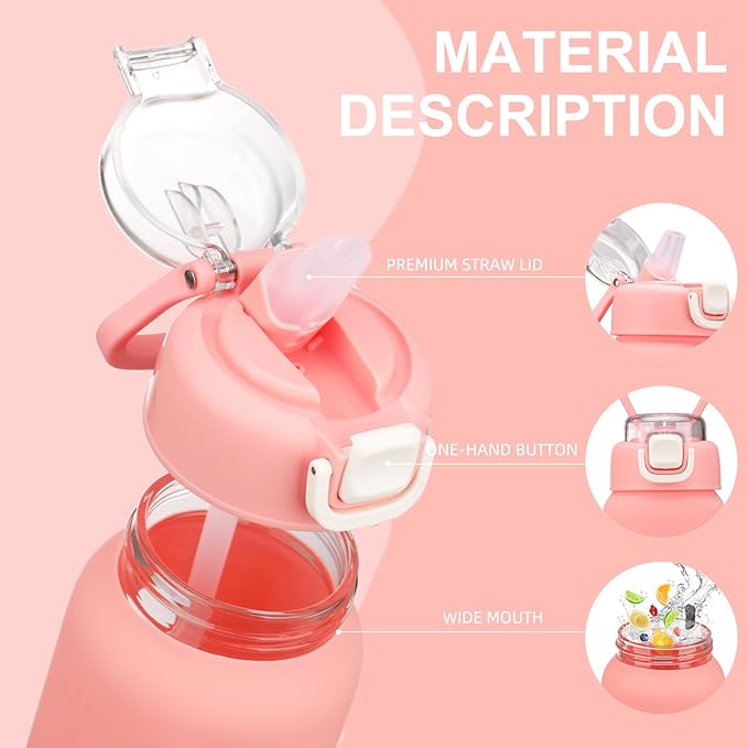 chunmo 24 oz Glass Water Bottles with 2 Lids-Handle Spout Lid & Straw Lid, Motivational Water Bottle with Time Marker and Silicone Sleeve,Leakproof-Pink-1 Pack