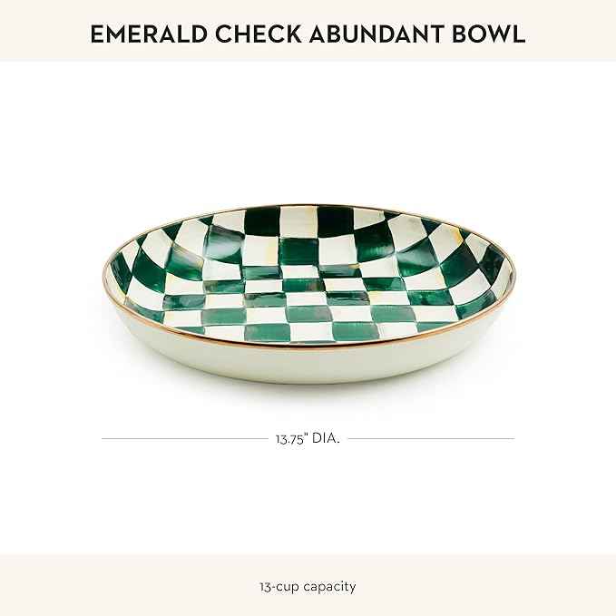 MACKENZIE-CHILDS Enamel Abundant Bowl, Serving Bowl or Fruit Bowl for Display, 13-Cup Capacity, Green-and-White Emerald Check