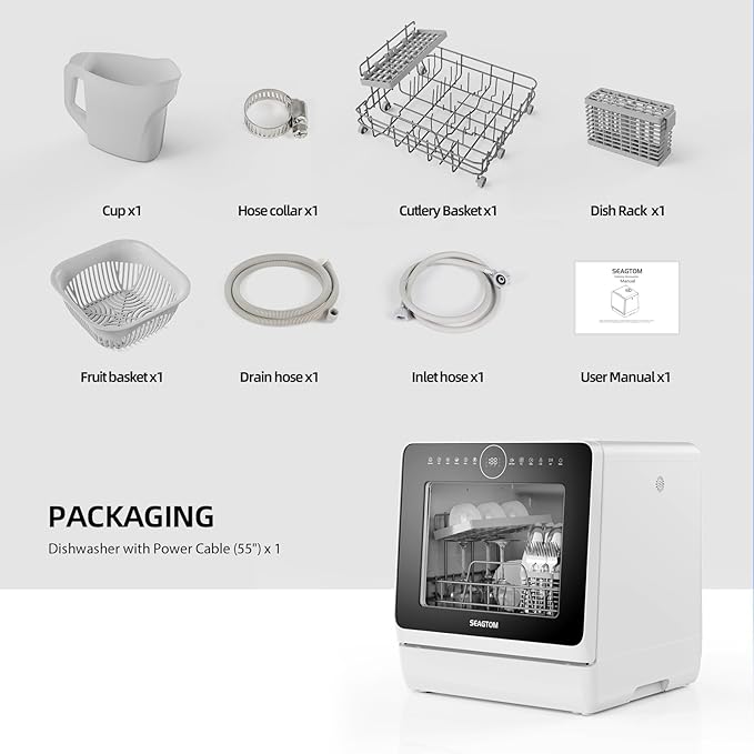 Portable Dishwashers for Camping and Home with 5l Water Tank, Hose, LED Light, 10 Wash Programs, Baby Care Mode, Dual Water Supply and 1h Hot Air Drying