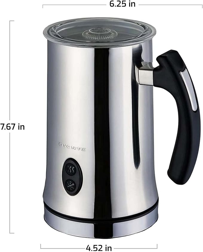 Ovente Electric Double Wall Insulated Non Stick Milk Frother and Steamer Hot & Cold 5 Ounce 10 Ounce Heated Capacity Warmer Whisker for Latte Cappuccino Espresso Coffee Hot Chocolate Chrome FR4810CH