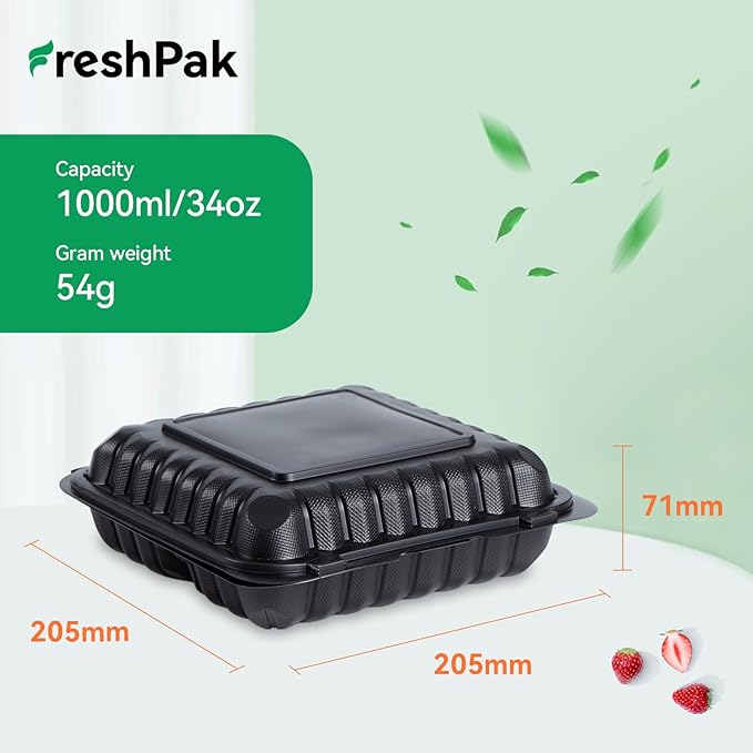 Food Containers Mineral Filled PP 55 Pack - 8x8 34 oz Shrink Wrap BPA Free Plastic | Stackable Storage Clamshell Takeout Container | Reusable Microwave Safe | 3 Compartment Black Lunch Boxes