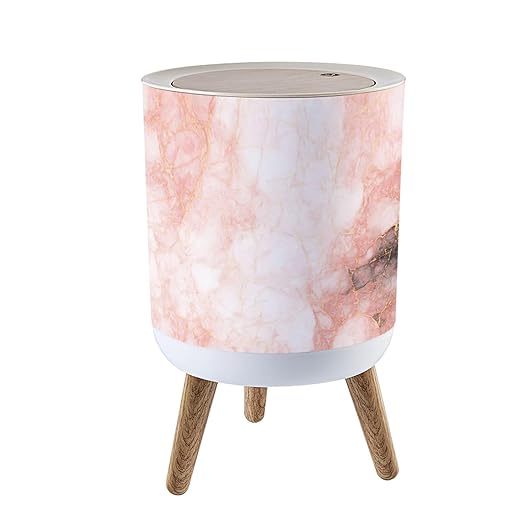 Trash Can with Lid Pink Marble Texture Abstract Marble Texture Press Top Round Small Garbage Bin with Wooden Legs Waste Basket for Kitchen Bedroom Nursery 7L/1.8 Gallon