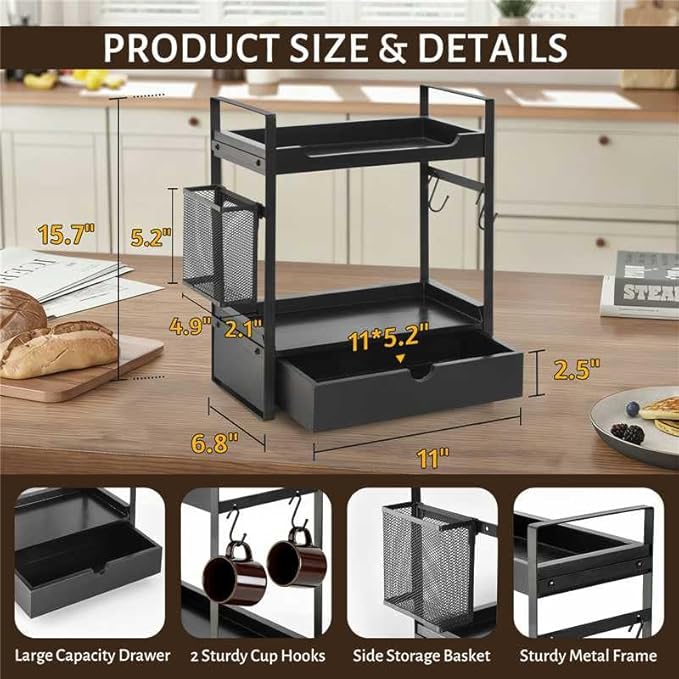 Coffee Station Organizer Countertop, Wooden Coffee Bar Accessories Organizer with Basket, 2 Mug Holder Hooks and Pod Drawer, Multifunctional 2 Tier Countertop Organizer for Kitchen, Bathroom, Office