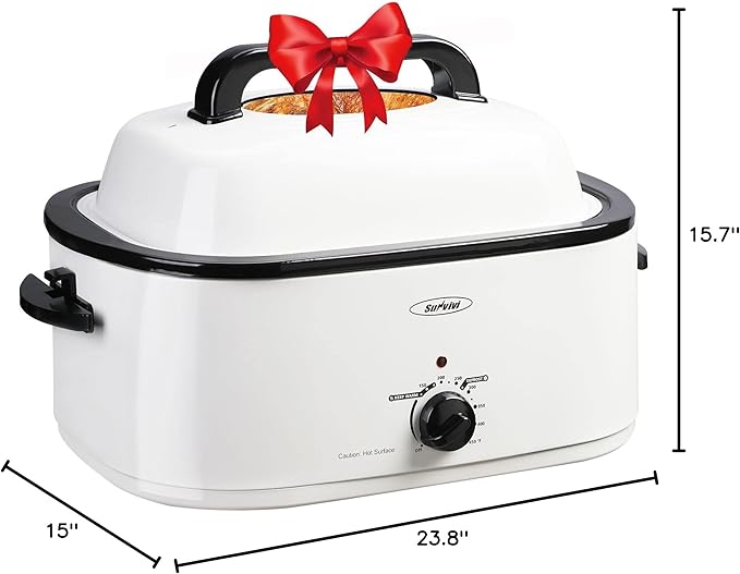 Sunvivi 26-Quart Roaster Oven, Electric Roaster Oven with Viewing Lid, Sunvivi Turkey Roaster with Unique Defrost/Warm Function, Large Roaster with with Removable Pan & Rack, Stainless Steel, White