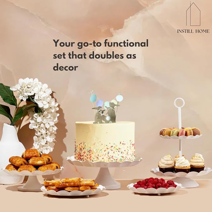 5-Piece Ruffled Metal Dessert Table Stand Set – Cake Stands, Tiered Cupcake Holders & Serving Trays - Ideal for Weddings, Birthdays, Baby Showers & Parties