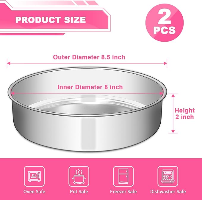 EWFEN 8 Inch Cake Pan Set of 2, Stainless Steel Round Layer Cake Baking Pans Tins, Non-Toxic & Healthy, Leak-proof & Easy Clean & Dishwasher Safe