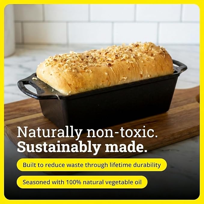Lodge Seasoned Cast Iron Loaf Pan - Pre-Seasoned Rectangular Cast Iron Bakeware- Even Browning Bread Pan with Easy-Release Finish - PFAS-Free Non-Toxic Cookware - 8.5 Inches