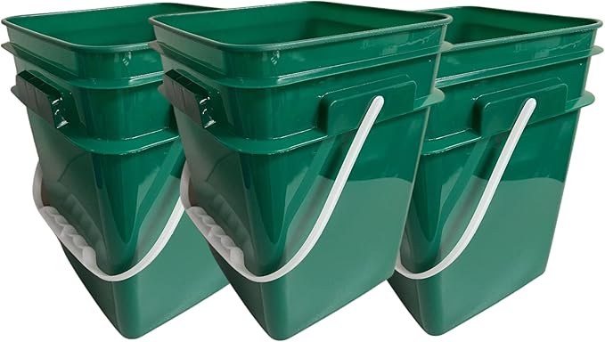House Naturals 4 Gallon Square Food Grade Bucket Pail with Plastic Handles and Lid (Pack of 3) Made in USA containers (Dark Green)