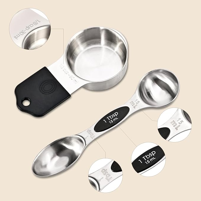 16-Piece Magnetic Measuring Cups and Spoons Set, Stainless Steel with Non-Slip Silicone Handles and Leveler, Essential Kitchen Baking Tools (Black)