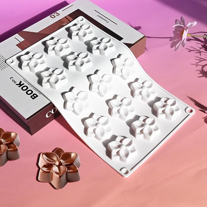Silicone Cookie Chocolate Mold, 15-Cavity Flower Silicone Baking Mold for Oreo, Candy, Chocolate, Cookies, Mini Cakes and Jelly, Dishwasher Safe Non-Stick Food Grade Silicone Molds (C_ Flower)