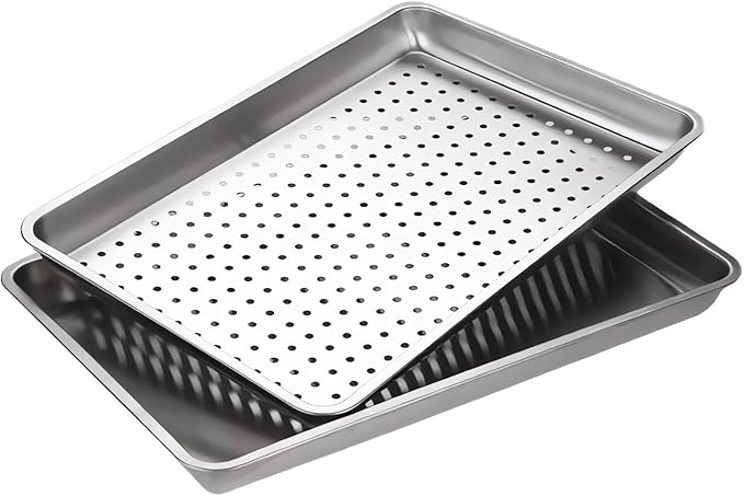 2-Pack 23.5"x15.5" Extra Large Heavy Duty Commercial Grade 304 Stainless Steel Baking Pan Set, Non-Toxic Deep Sheet Pan, 1 Solid & 1 Perforated Pans for Roasting, Defrosting, Draining, Cooling
