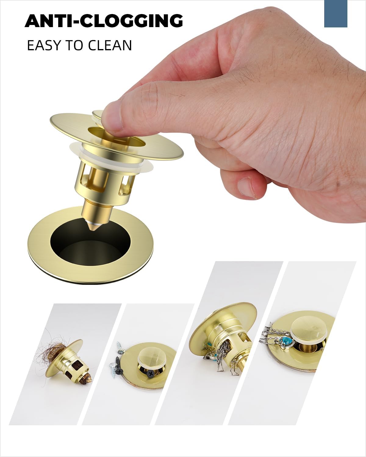 Hibbent 2 Pack All Metal Universal Bathroom Sink Stopper for 1.1''~2.3'' Basin, Pop Up Sink Drain Strainer, Brass Core Push Type Stopper, Stainless Steel Anti Clogging Drain Filter, Brushed Gold