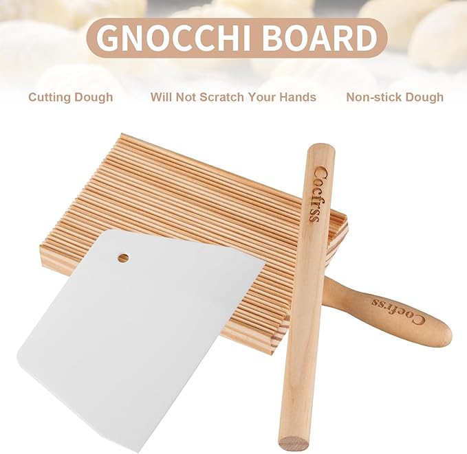 7 Pcs Potato Ricer & Gnocchi Board Kit with Dough Scraper, Ravioli Cutter, Empanada Press, Round Ravioli Mold, Ravioli Rolling Pin, Stainless Steel Ricer for Mashed Potatoes