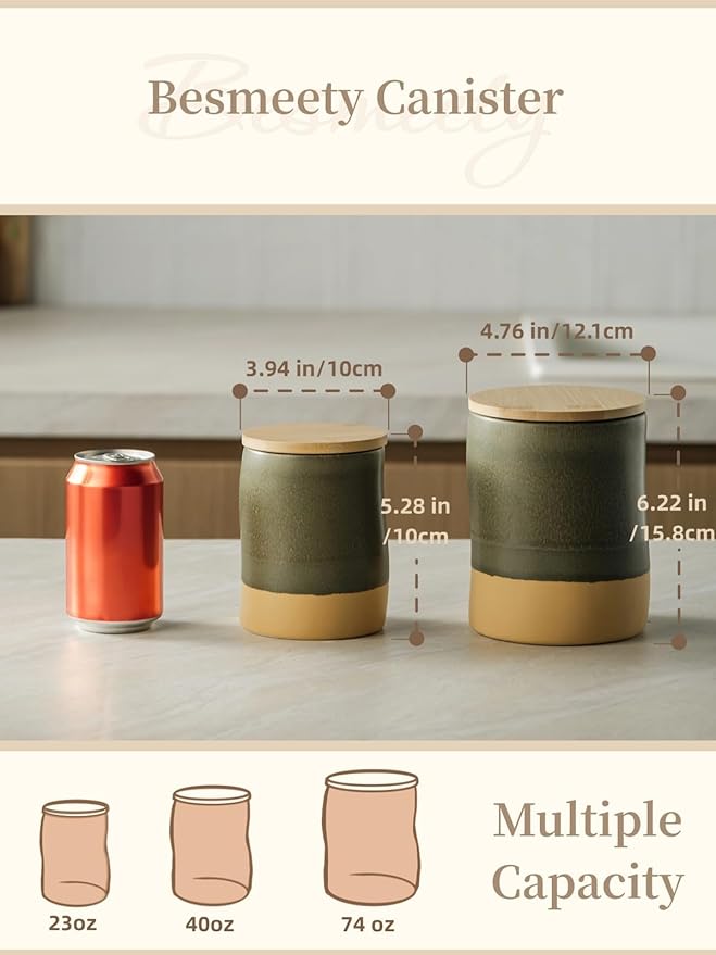 Besmeety Canisters Sets for the Kitchen, 23 oz x 40 oz Flour Sugar Storage Containers, Ceramic Kitchen Canisters for Countertop Set of 2 with Airtight Lids