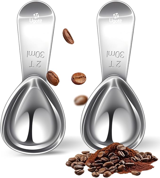 Ugotit Coffee Scoop for Ground Coffee, 2 Tablespoon Measuring Scoop, Stainless Steel Coffee Scoop Heavy-Duty Short Handle Fits Canisters for Coffee Beans, Protein Powder, Espresso (2 Pack)