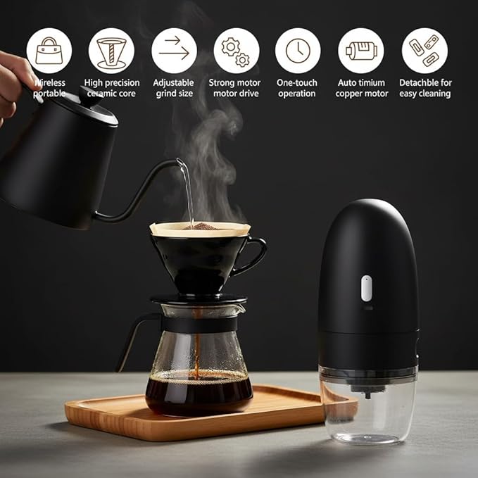 Electric Coffee Grinder, Conical Burr, Adjustable Grind Settings | Portable USB-C Rechargeable, for Espresso, French Press, Cold Brew, Travel & Home, Black