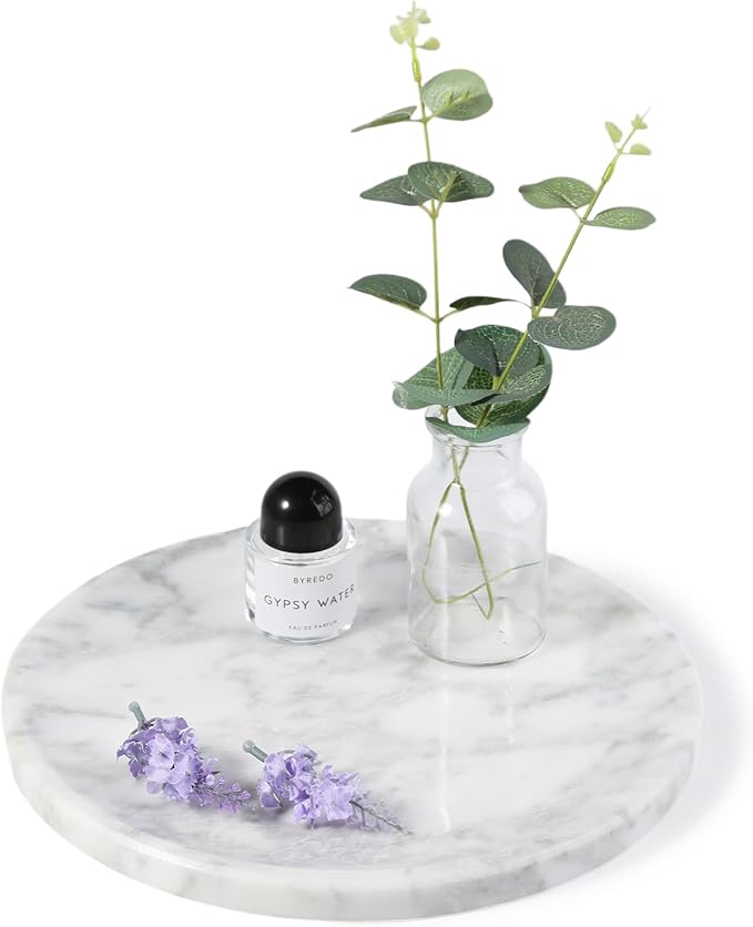 Natural Marble Decorative Tray for Bathroom Bedroom Kitchen Dresser, 11” Round Vanity Trays for Jewelry, Perfume, Cosmetic, Candle, Countertop Storage Organizer for Home Decor White, Arabescato