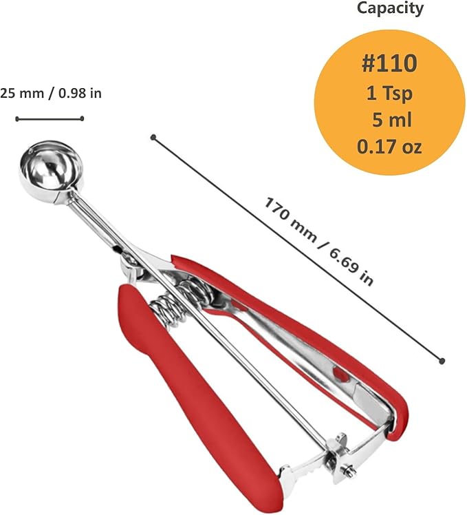 Extra Mini Cookie Scoop for Baking, 1 tsp / 5 ml Cookie Scooper, 18/8 Stainless Steel Cookie Scooper for Baking, Cookie Dough Scoop with Non-slip Grip(Red)