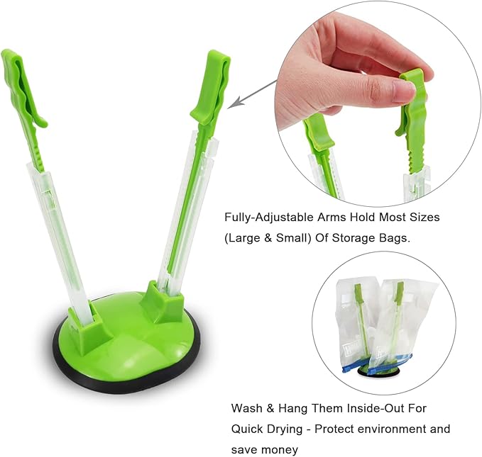 Baggy Rack Hands-Free Clip Food Storage Freezer Baggy Holder,Bag Holder For Plastic Bags Stand/Pack of 2 Green