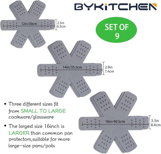 BYKITCHEN Pan Protectors with Stars, Larger & Thicker Pan Separators Protectors, Set of 9 and 3 Different Sizes, Pot Protectors for Stacking and Protecting Your Cookware