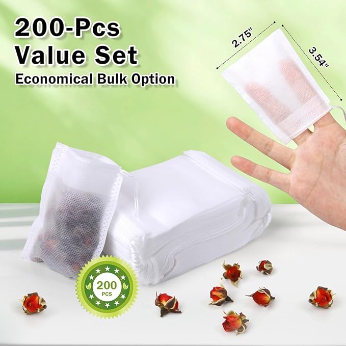200Pcs Disposable Tea Bags for Loose Leaf Tea, Empty Tea Filter Bags for Cooking, Infuser Sachets for Spice, Coffee, Herb and More (3.54x2.75 Inch)