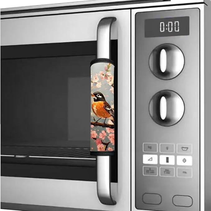 6 PCS Refrigerator Door Handle Covers Electric Appliance Handles Decor Anti-Skid Protector Gloves for Fridge Oven Kitchen Cabinet Home Decor, American Robin Bird Pink Flower Gray
