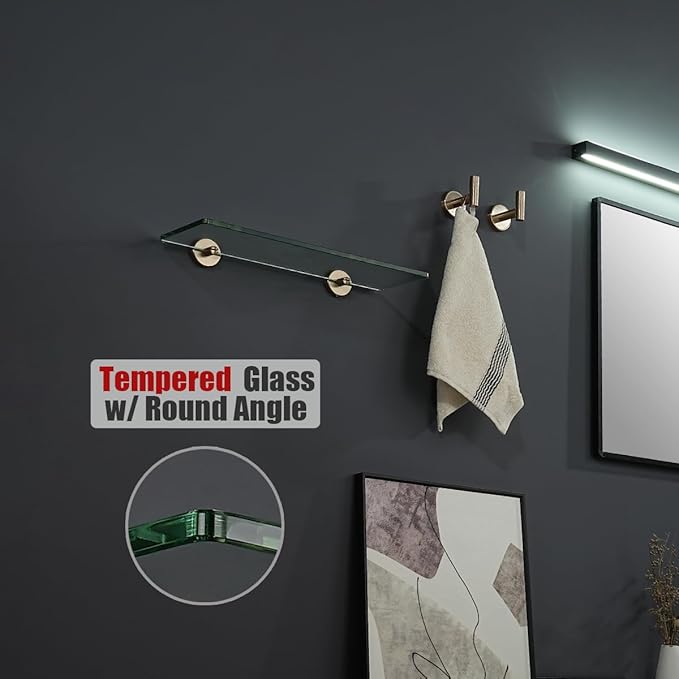 JQK Bathroom Glass Shelf, Tempered Glass Shower Storage 16 by 5 inches, 304 Stainless Steel Champagne Bronze Wall Mount 2 Pack, TGS101L16-CB-P2