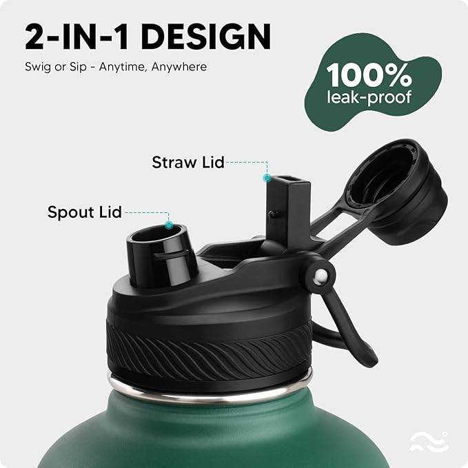 Swigina Insulated Water Bottle with Silicone Boot (36hrs Cold/18hrs Hot) - DIY Stickers, [2-in-1 Lid], BPA Free, 64 oz
