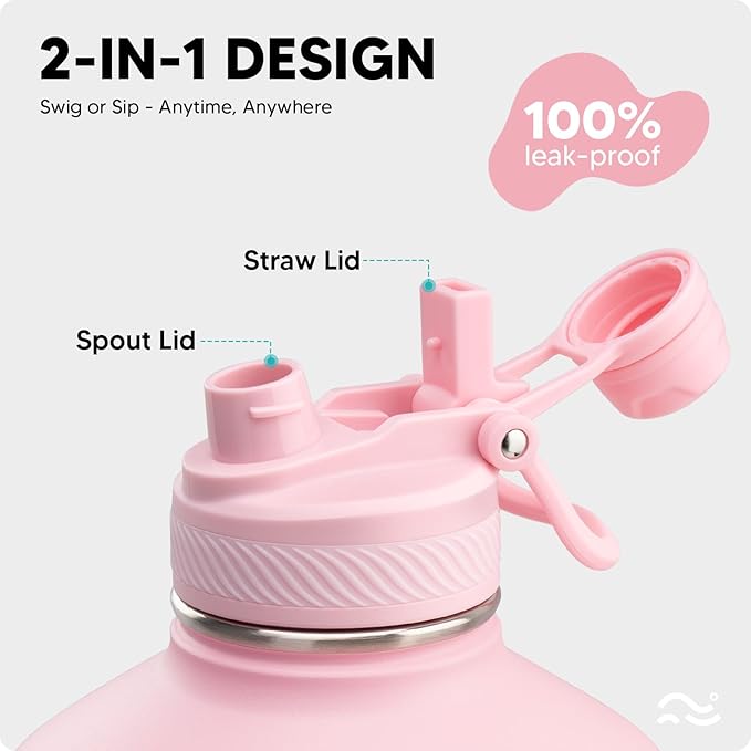 Swigina [2-IN-1 LID] Gallon Insulated Water Bottle with Silicone Boot (48hrs Cold/24hrs Hot) - DIY Stickers, Leakproof, BPA Free, 128 oz